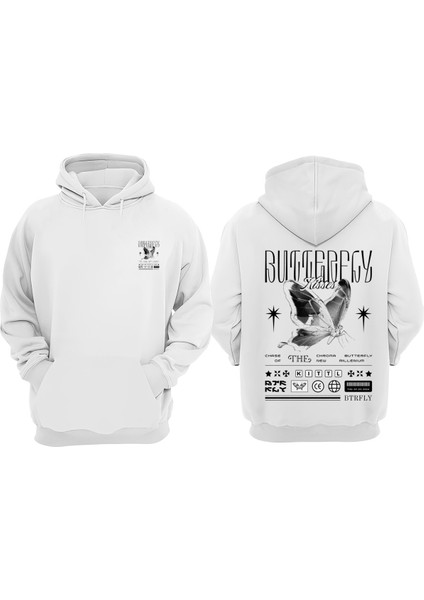 Unisex Butterfly Kisses Tasarım Ön Arka Baskılı Normal Kalıp Beyaz Sweatshirt
