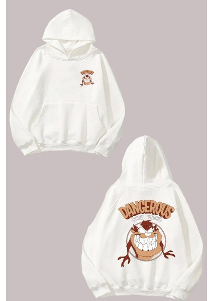 Unisex Tazmanya Canavarı Hangry Tasarım Ön Arka Baskılı Normal Kalıp Beyaz Sweatshirt
