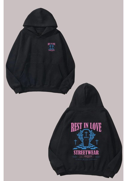 Unisex Restın Love Streetwear Tasarım Ön Arka Baskılı Normal Kalıp Siyah Sweatshirt