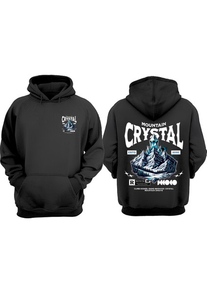 Unisex Crystal Mountain Tasarım Ön Arka Baskılı Normal Kalıp Siyah Sweatshirt