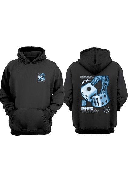 Unisex Dice Zar Tasarım Ön Arka Baskılı Normal Kalıp Siyah Sweatshirt
