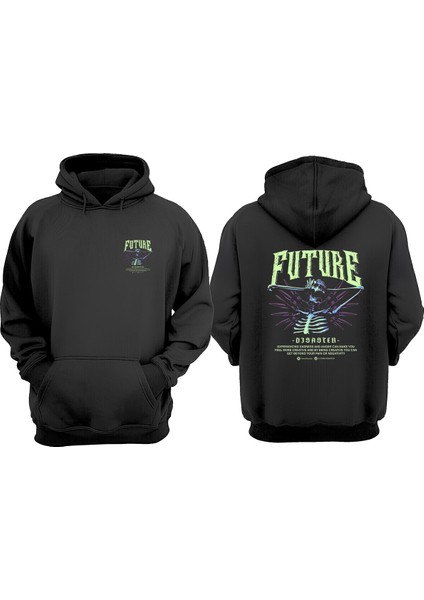 Unisex Future Skeleton Tasarım Ön Arka Baskılı Normal Kalıp Siyah Sweatshirt