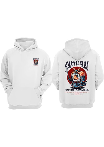 Unisex Samurai Sushi Shogun Tasarım Ön Arka Baskılı Normal Kalıp Beyaz Sweatshirt