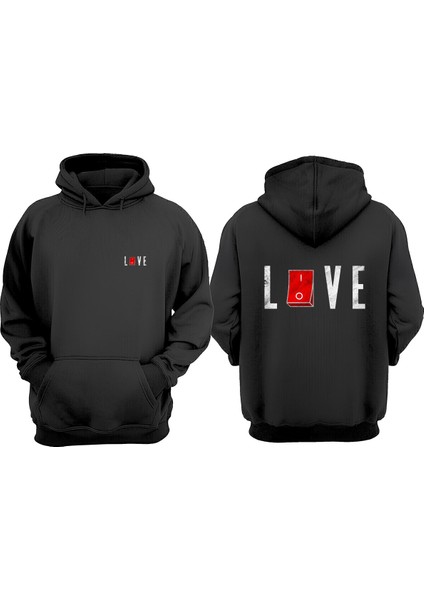 Unisex Love Düğme Tasarım Ön Arka Baskılı Normal Kalıp Siyah Sweatshirt