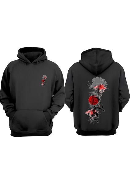 Unisex Minimalist Japon Agac Red Tasarım Ön Arka Baskılı Normal Kalıp Siyah Sweatshirt