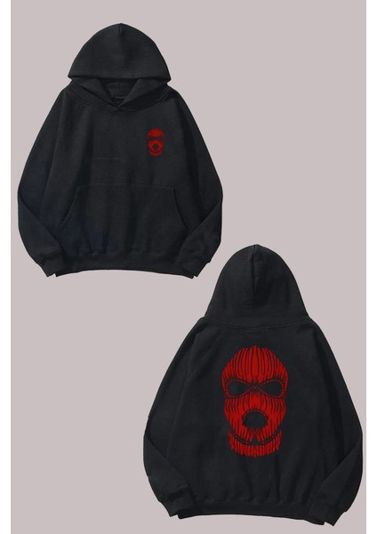 Unisex Red Mask Tasarım Ön Arka Baskılı Normal Kalıp Siyah Sweatshirt