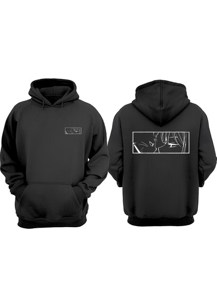 Unisex Kedi ve Kız Cizim Tasarım Ön Arka Baskılı Normal Kalıp Siyah Sweatshirt