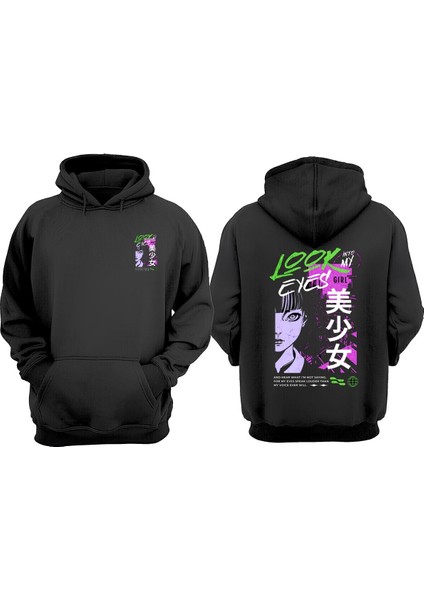 Unisex Lookınto My Eyes Tasarım Ön Arka Baskılı Normal Kalıp Siyah Sweatshirt