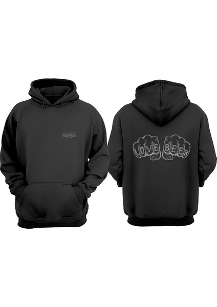 Unisex Love Beer Words Fist Tasarım Ön Arka Baskılı Normal Kalıp Siyah Sweatshirt