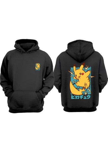 Unisex Anime Pikacu Tasarım Ön Arka Baskılı Normal Kalıp Siyah Sweatshirt