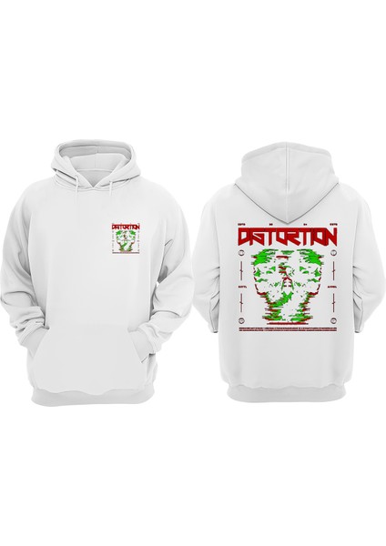 Unisex Distortion Tasarım Ön Arka Baskılı Normal Kalıp Beyaz Sweatshirt