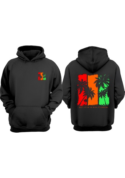 Unisex Beach Life Tasarım Ön Arka Baskılı Normal Kalıp Siyah Sweatshirt