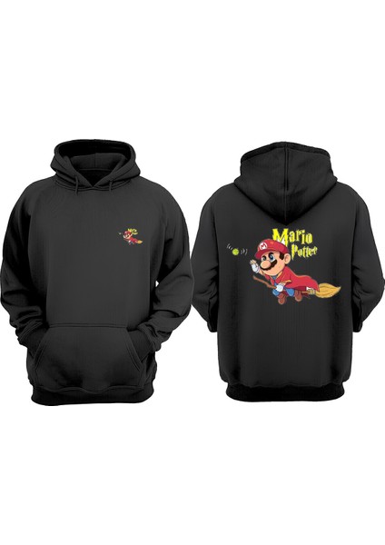 Unisex Mario Potter Tasarım Ön Arka Baskılı Normal Kalıp Siyah Sweatshirt