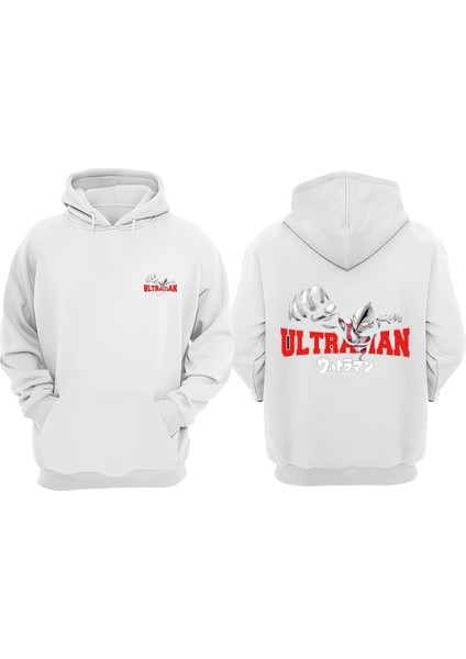Unisex Ulturaman Tasarım Ön Arka Baskılı Normal Kalıp Beyaz Sweatshirt