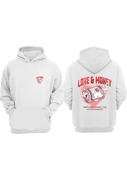 Unisex Love And Money Tasarım Ön Arka Baskılı Normal Kalıp Beyaz Sweatshirt