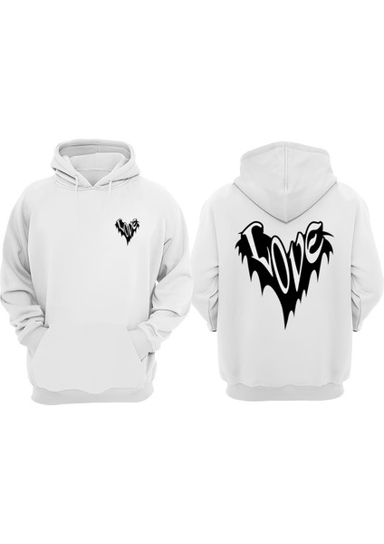 Unisex Love Logo Tasarım Ön Arka Baskılı Normal Kalıp Beyaz Sweatshirt