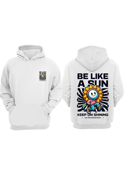 Unisex Mutlu Aycicegi Tasarım Ön Arka Baskılı Normal Kalıp Beyaz Sweatshirt