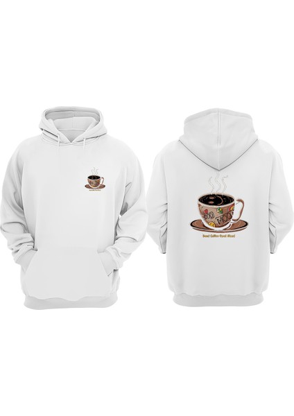Unisex Gülen Kahve Tasarım Ön Arka Baskılı Normal Kalıp Beyaz Sweatshirt