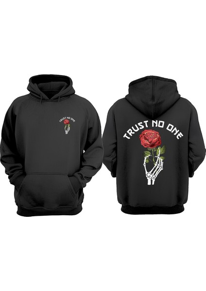 Unisex Trust No One Gül Tasarım Ön Arka Baskılı Normal Kalıp Siyah Sweatshirt