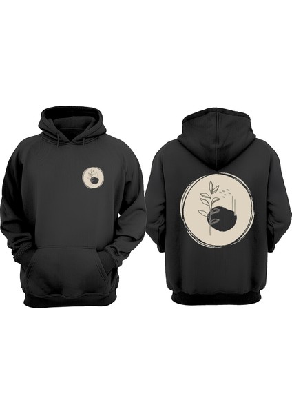Unisex Yaprak Icons Tasarım Ön Arka Baskılı Normal Kalıp Siyah Sweatshirt
