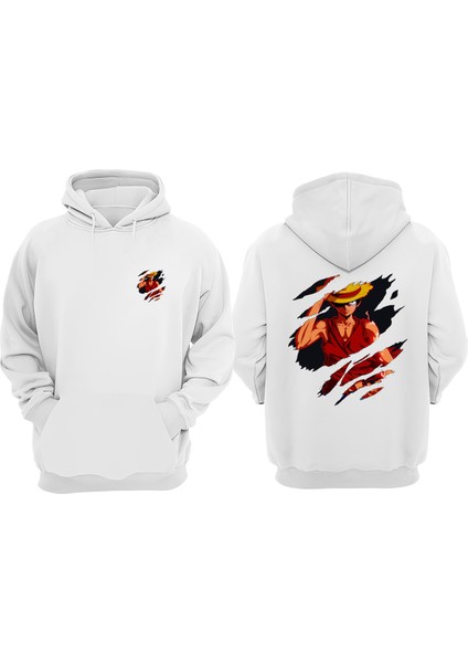 Unisex Anime Luffy Straw Hat One Piece Kesik Tasarım Ön Arka Baskılı Normal Kalıp Beyaz Sweatshirt