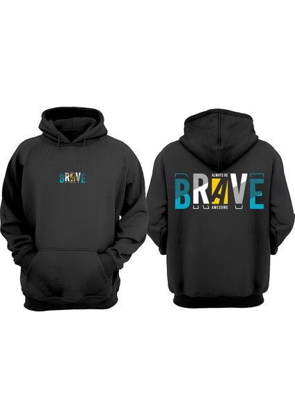 Unisex Brave Tasarım Ön Arka Baskılı Normal Kalıp Siyah Sweatshirt