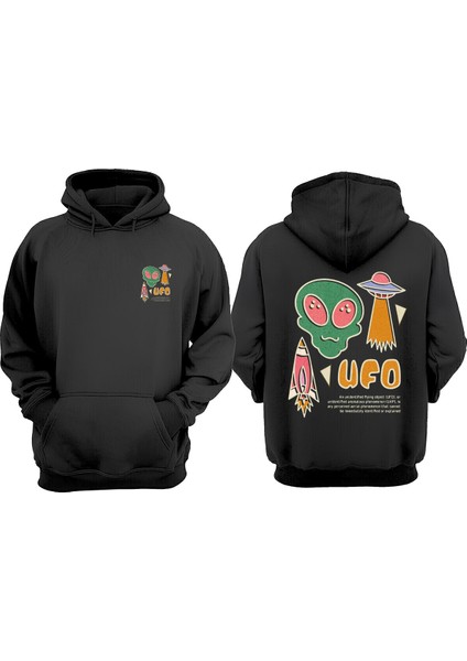 Unisex Ufo Karükatür Tasarım Ön Arka Baskılı Normal Kalıp Siyah Sweatshirt