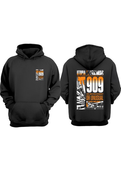 Unisex Utopia 909 Tasarım Ön Arka Baskılı Normal Kalıp Siyah Sweatshirt