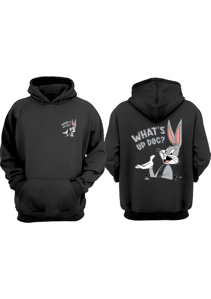 Unisex What S Up Doc Tasarım Ön Arka Baskılı Normal Kalıp Siyah Sweatshirt