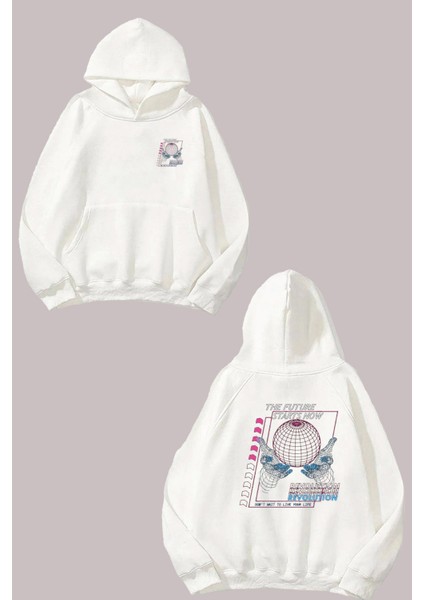 Unisex The Future Starts Now Tasarım Ön Arka Baskılı Normal Kalıp Beyaz Sweatshirt