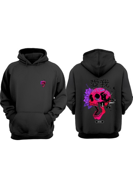 Unisex Love Me Pembe Kurukafa Yılan Tasarım Ön Arka Baskılı Normal Kalıp Siyah Sweatshirt