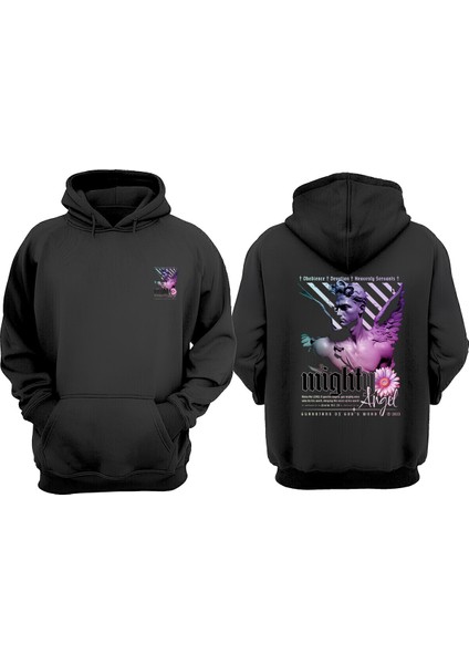 Unisex Mighty Angel Tasarım Ön Arka Baskılı Normal Kalıp Siyah Sweatshirt