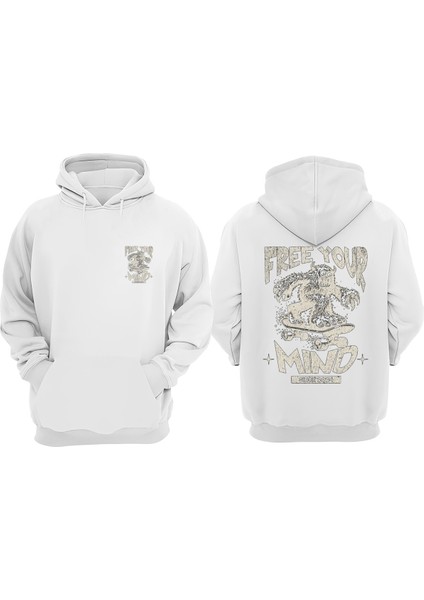 Unisex Free Your Mind Tasarım Ön Arka Baskılı Normal Kalıp Beyaz Sweatshirt