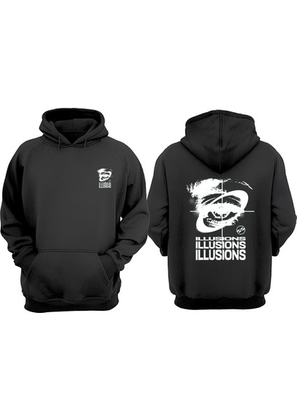 Unisex Illusions Tasarım Ön Arka Baskılı Normal Kalıp Siyah Sweatshirt