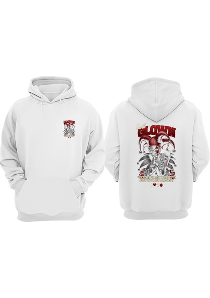 Unisex Evil Clown Tasarım Ön Arka Baskılı Normal Kalıp Beyaz Sweatshirt