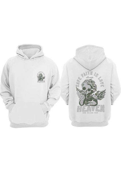 Unisex Heaven Love Tasarım Ön Arka Baskılı Normal Kalıp Beyaz Sweatshirt