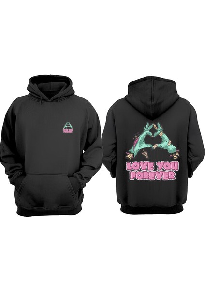 Unisex Love You Forever Tasarım Ön Arka Baskılı Normal Kalıp Siyah Sweatshirt
