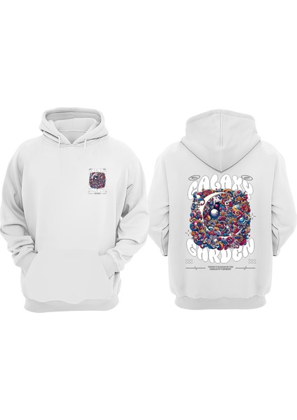 Unisex Galaxy Garden Tasarım Ön Arka Baskılı Normal Kalıp Beyaz Sweatshirt