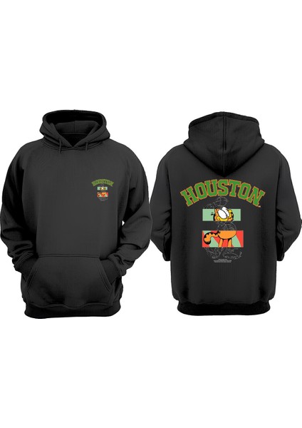 Unisex Houston Garfield Tasarım Ön Arka Baskılı Normal Kalıp Siyah Sweatshirt