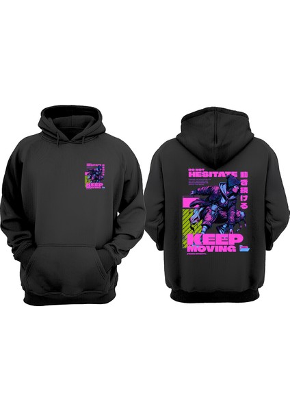 Unisex Keep Moving Tasarım Ön Arka Baskılı Normal Kalıp Siyah Sweatshirt