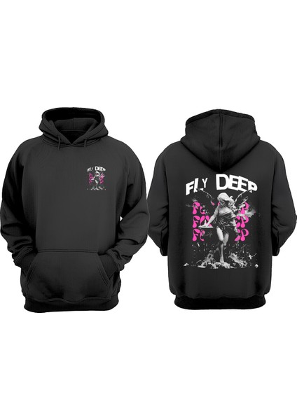 Unisex Fly Deep Tasarım Ön Arka Baskılı Normal Kalıp Siyah Sweatshirt