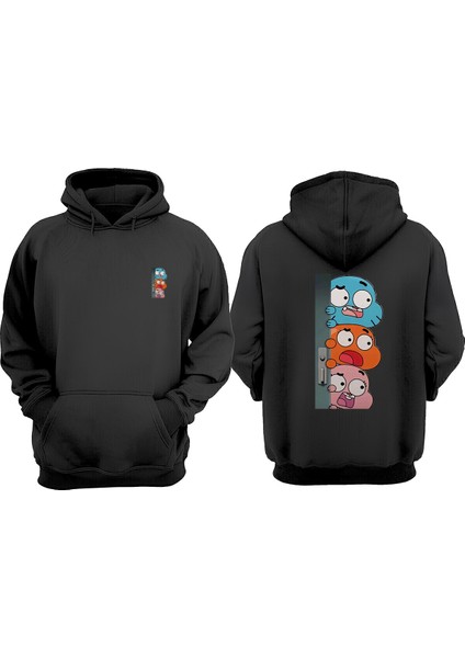 Unisex Gumball Darvin Kız Kardesi Tasarım Ön Arka Baskılı Normal Kalıp Siyah Sweatshirt