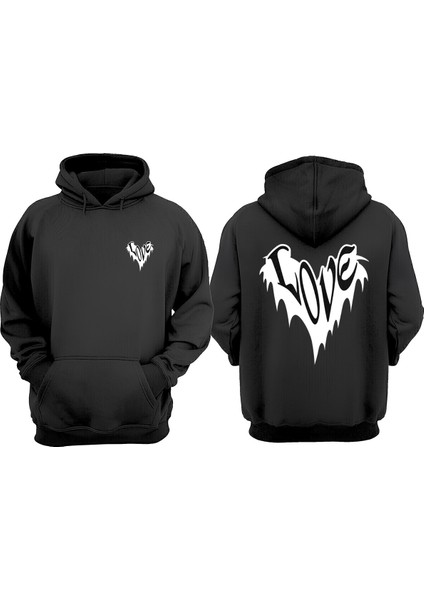 Unisex Love Logo Tasarım Ön Arka Baskılı Normal Kalıp Siyah Sweatshirt