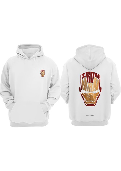Unisex Iron Man Face Tasarım Ön Arka Baskılı Normal Kalıp Beyaz Sweatshirt