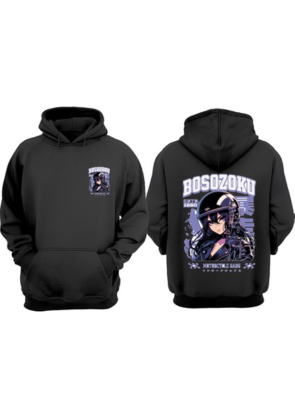 Unisex Bosozoku Motorcycle Gang Tasarım Ön Arka Baskılı Normal Kalıp Siyah Sweatshirt