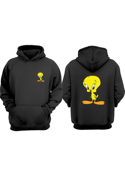 Unisex Tweety Tasarım Ön Arka Baskılı Normal Kalıp Siyah Sweatshirt
