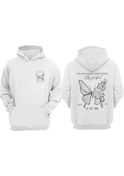 Unisex Black And White Butterfly Artwork Tasarım Ön Arka Baskılı Normal Kalıp Beyaz Sweatshirt