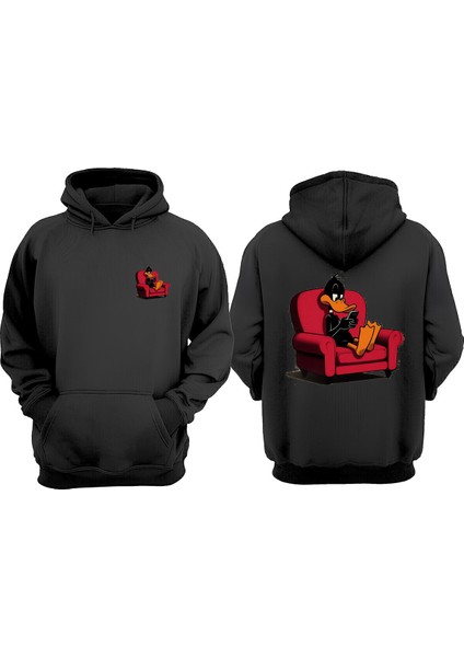 Unisex Daffy Duck Tasarım Ön Arka Baskılı Normal Kalıp Siyah Sweatshirt