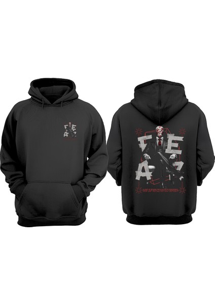 Unisex Fear Man Tasarım Ön Arka Baskılı Normal Kalıp Siyah Sweatshirt
