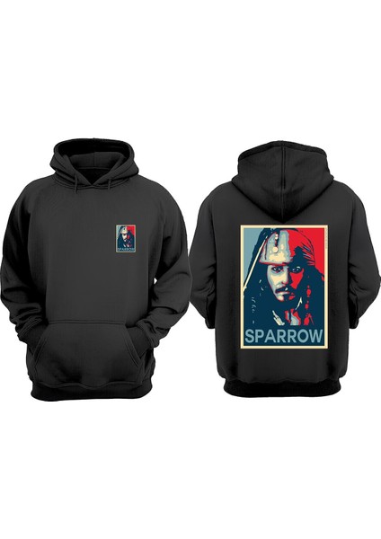 Unisex Jack Sparrow Tasarım Ön Arka Baskılı Normal Kalıp Siyah Sweatshirt